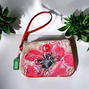 Coach Poppy Khaki Coral Flower Floral Signature Sequined Wristlet